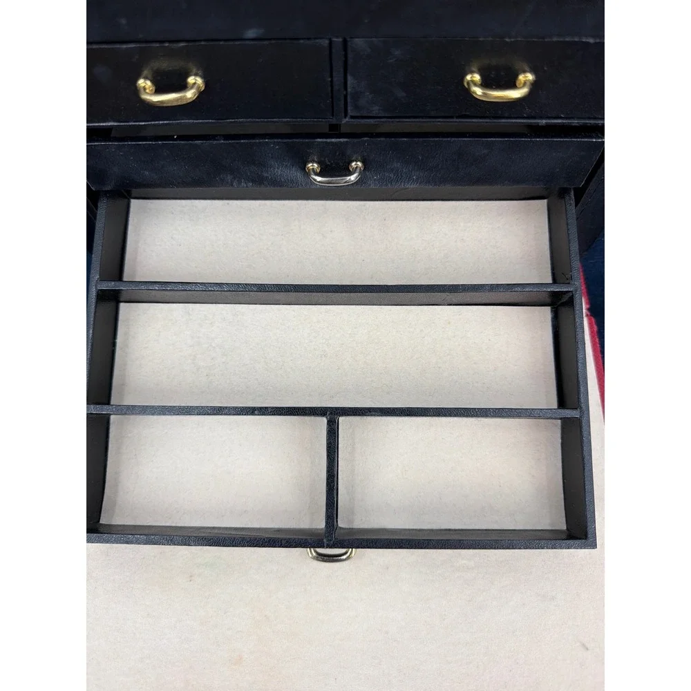 Vtg Large Red Leather Jewelry Box Organizer Multi Drawer Storage Chest Mirror